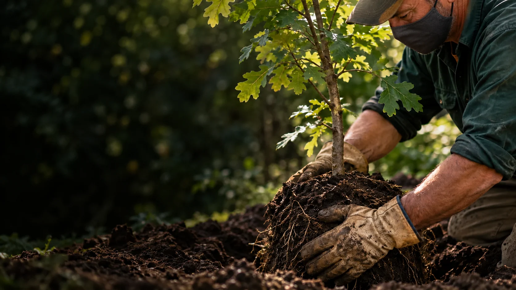 A landscape craftsman carefully planting a young oak in rich soil