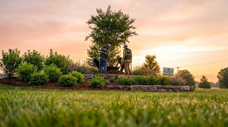 A tree being installed among shrubs and stone-edged planting beds at sunset