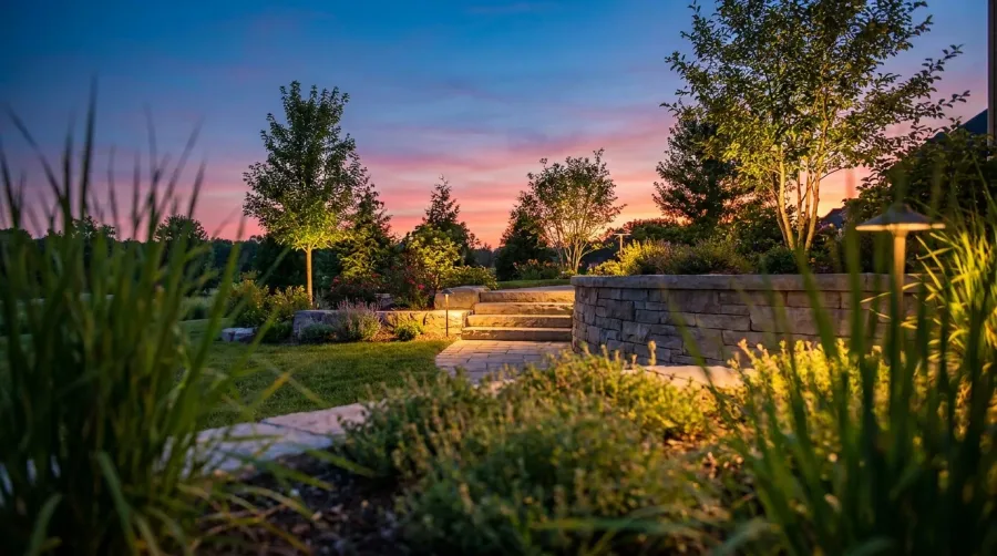 Landscape lights illuminating garden paths, stone steps and trees after sunset