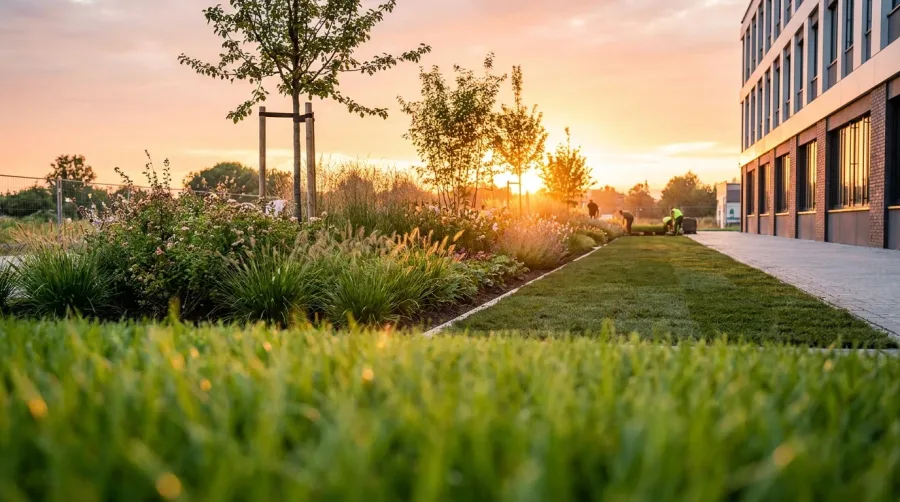 Layered grasses, flowering perennials and young trees beside a freshly planted lawn